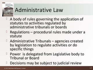 Administrative Law
       A body of rules governing the application of
        statutes to activities regulated by
        administrative tribunals or boards
       Regulations – procedural rules made under a
        statute
       Administrative Tribunals – agencies created
        by legislation to regulate activities or do
        specific things
       Power is delegated from Legislative body to
        Tribunal or Board
       Decisions may be subject to judicial review
© 2012 McGraw-Hill Ryerson Limited                     1-21
 