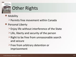 Other Rights
   Mobility
     Permits free movement within Canada
   Personal Liberty
     Enjoy life without interference of the State
     Life, liberty and security of the person
     Right to be free from unreasonable search
      and seizure
     Free from arbitrary detention or
      imprisonment

© 2012 McGraw-Hill Ryerson Limited                   1-27
 