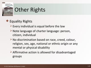 Other Rights
   Equality Rights
          Every individual is equal before the law
          Note language of charter language: person,
           citizen, individual
          No discrimination based on race, creed, colour,
           religion, sex, age, national or ethnic origin or any
           mental or physical disability
          Affirmative action is allowed for disadvantaged
           groups

© 2012 McGraw-Hill Ryerson Limited                                1-29
 