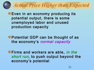 Actual Price Higher than Expected 
Even in an economy producing its 
potential output, there is some 
unemployed labor and unused 
production capacity 
Potential GDP can be thought of as 
the economy’s normal capacity 
Firms and workers are able, in the 
short run, to push output beyond the 
economy’s potential 
11 
 