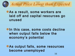 Actual Price Lower than Expected 
As a result, some workers are 
laid off and capital resources go 
unused 
In this case, some costs decline 
when output falls below the 
economy’s potential 
As output falls, some resources 
become unemployed 
16 
 