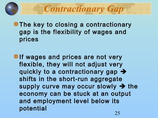 Contractionary Gap 
The key to closing a contractionary 
gap is the flexibility of wages and 
prices 
If wages and prices are not very 
flexible, they will not adjust very 
quickly to a contractionary gap  
shifts in the short-run aggregate 
supply curve may occur slowly  the 
economy can be stuck at an output 
and employment level below its 
potential 
25 
 