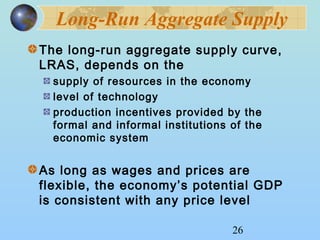 Long-Run Aggregate Supply 
The long-run aggregate supply curve, 
LRAS, depends on the 
supply of resources in the economy 
level of technology 
production incentives provided by the 
formal and informal institutions of the 
economic system 
As long as wages and prices are 
flexible, the economy’s potential GDP 
is consistent with any price level 
26 
 
