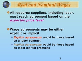 Real and Nominal Wages 
All resource suppliers, including labor, 
must reach agreement based on the 
expected price level 
Wage agreements may be either 
explicit or implicit 
Explicit agreements would be those based 
on a labor contract 
Implicit agreements would be those based 
on labor market practices 
6 
 
