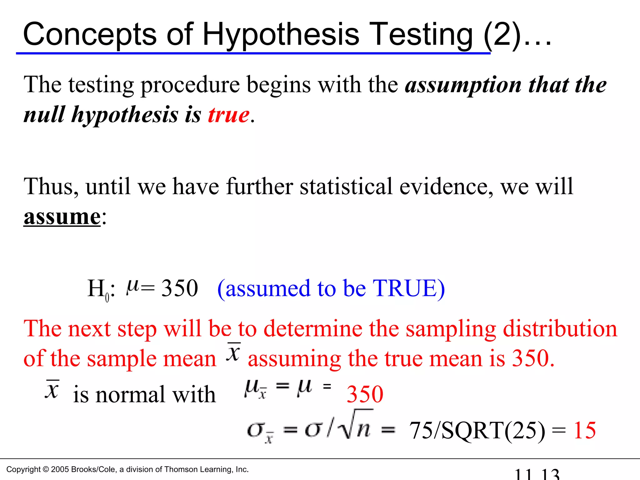 Copyright © 2005 Brooks/Cole, a division of Thomson Learning, Inc.
Concepts of Hypothesis Testing (2)…
The testing procedure begins with the assumption that the
null hypothesis is true.
Thus, until we have further statistical evidence, we will
assume:
H0: = 350 (assumed to be TRUE)
The next step will be to determine the sampling distribution
of the sample mean assuming the true mean is 350.
is normal with 350
75/SQRT(25) = 15
 