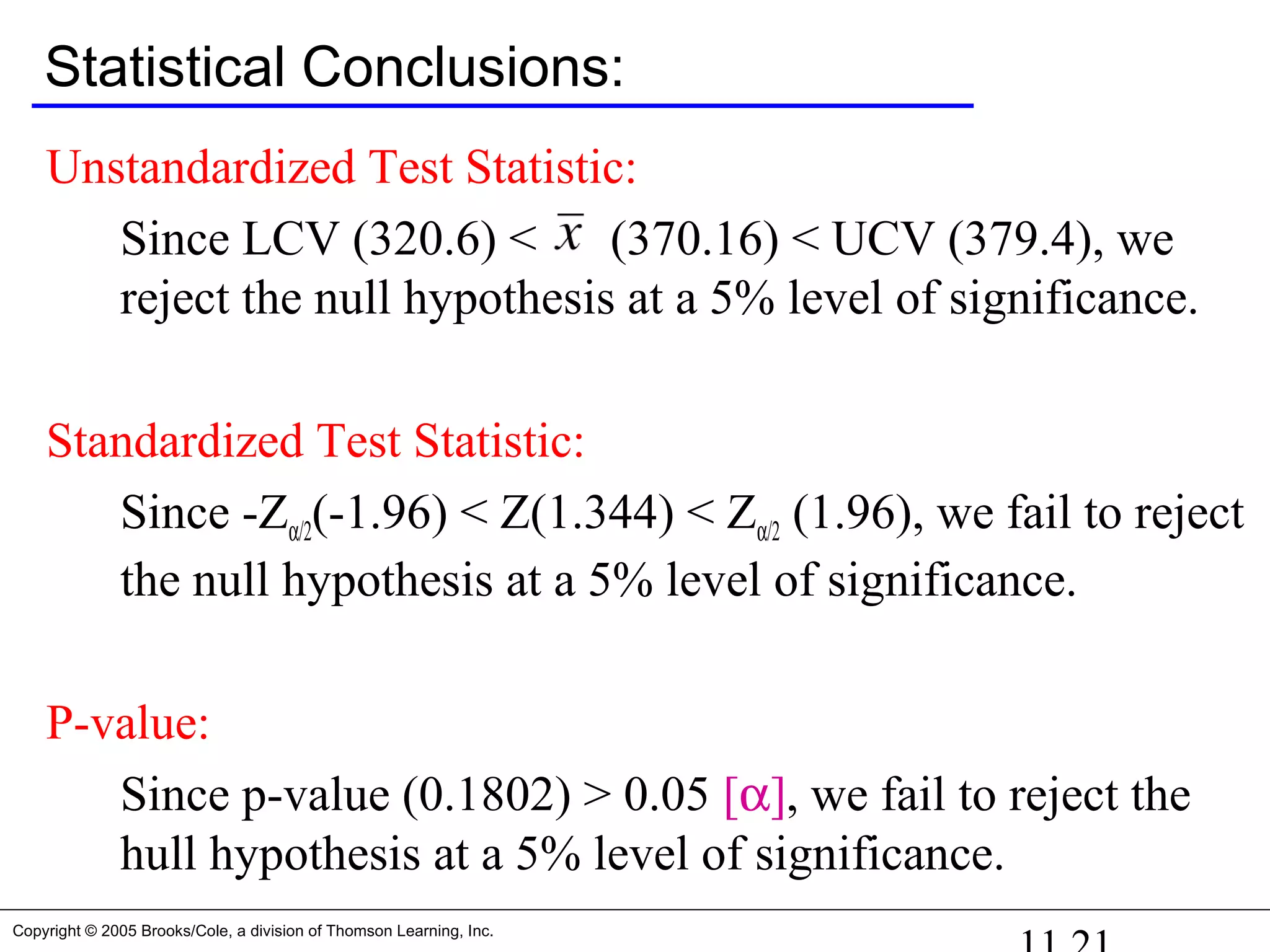 Copyright © 2005 Brooks/Cole, a division of Thomson Learning, Inc.
Statistical Conclusions:
Unstandardized Test Statistic:
Since LCV (320.6) < (370.16) < UCV (379.4), we
reject the null hypothesis at a 5% level of significance.
Standardized Test Statistic:
Since -Zα/2(-1.96) < Z(1.344) < Zα/2 (1.96), we fail to reject
the null hypothesis at a 5% level of significance.
P-value:
Since p-value (0.1802) > 0.05 [α], we fail to reject the
hull hypothesis at a 5% level of significance.
 