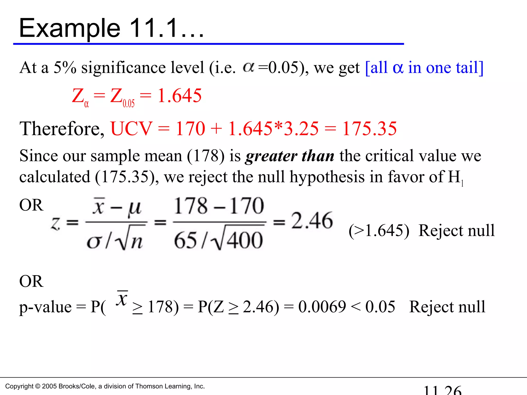 Copyright © 2005 Brooks/Cole, a division of Thomson Learning, Inc.
Example 11.1…
At a 5% significance level (i.e. =0.05), we get [all α in one tail]
Zα = Z0.05 = 1.645
Therefore, UCV = 170 + 1.645*3.25 = 175.35
Since our sample mean (178) is greater than the critical value we
calculated (175.35), we reject the null hypothesis in favor of H1
OR
(>1.645) Reject null
OR
p-value = P( > 178) = P(Z > 2.46) = 0.0069 < 0.05 Reject null
 