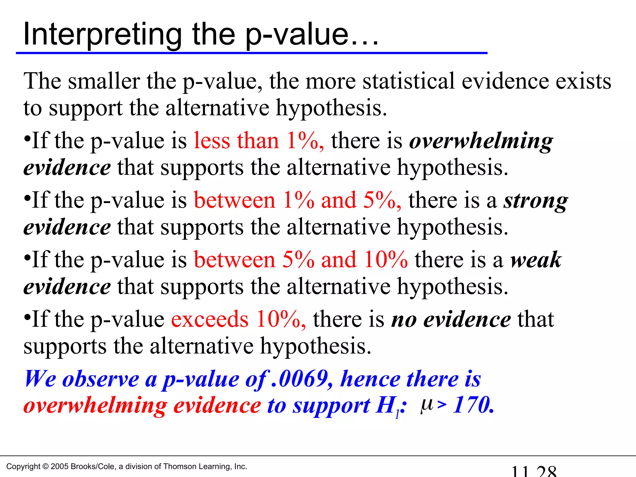 Copyright © 2005 Brooks/Cole, a division of Thomson Learning, Inc.
Interpreting the p-value…
The smaller the p-value, the more statistical evidence exists
to support the alternative hypothesis.
•If the p-value is less than 1%, there is overwhelming
evidence that supports the alternative hypothesis.
•If the p-value is between 1% and 5%, there is a strong
evidence that supports the alternative hypothesis.
•If the p-value is between 5% and 10% there is a weak
evidence that supports the alternative hypothesis.
•If the p-value exceeds 10%, there is no evidence that
supports the alternative hypothesis.
We observe a p-value of .0069, hence there is
overwhelming evidence to support H1: > 170.
 