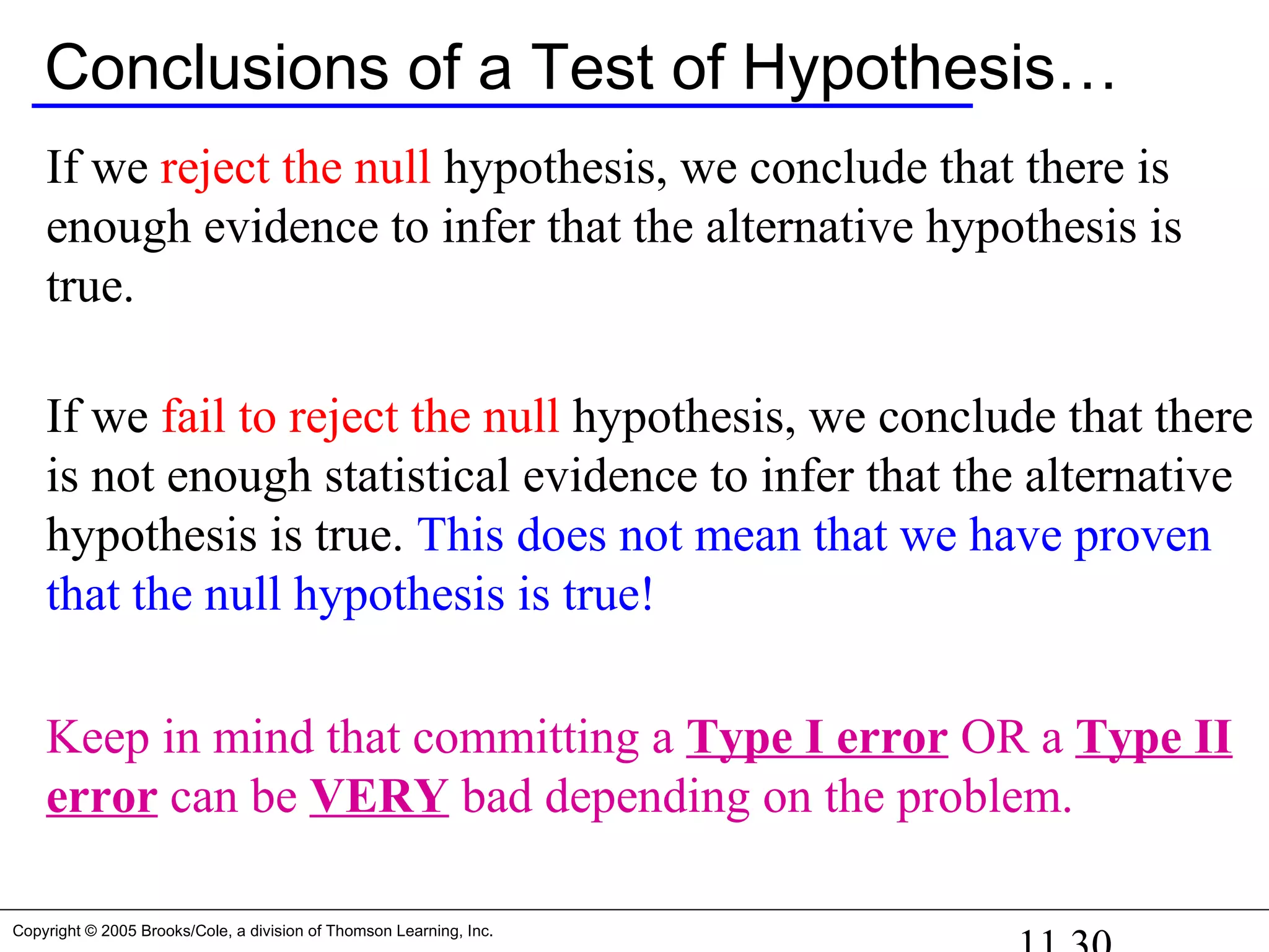 Copyright © 2005 Brooks/Cole, a division of Thomson Learning, Inc.
Conclusions of a Test of Hypothesis…
If we reject the null hypothesis, we conclude that there is
enough evidence to infer that the alternative hypothesis is
true.
If we fail to reject the null hypothesis, we conclude that there
is not enough statistical evidence to infer that the alternative
hypothesis is true. This does not mean that we have proven
that the null hypothesis is true!
Keep in mind that committing a Type I error OR a Type II
error can be VERY bad depending on the problem.
 