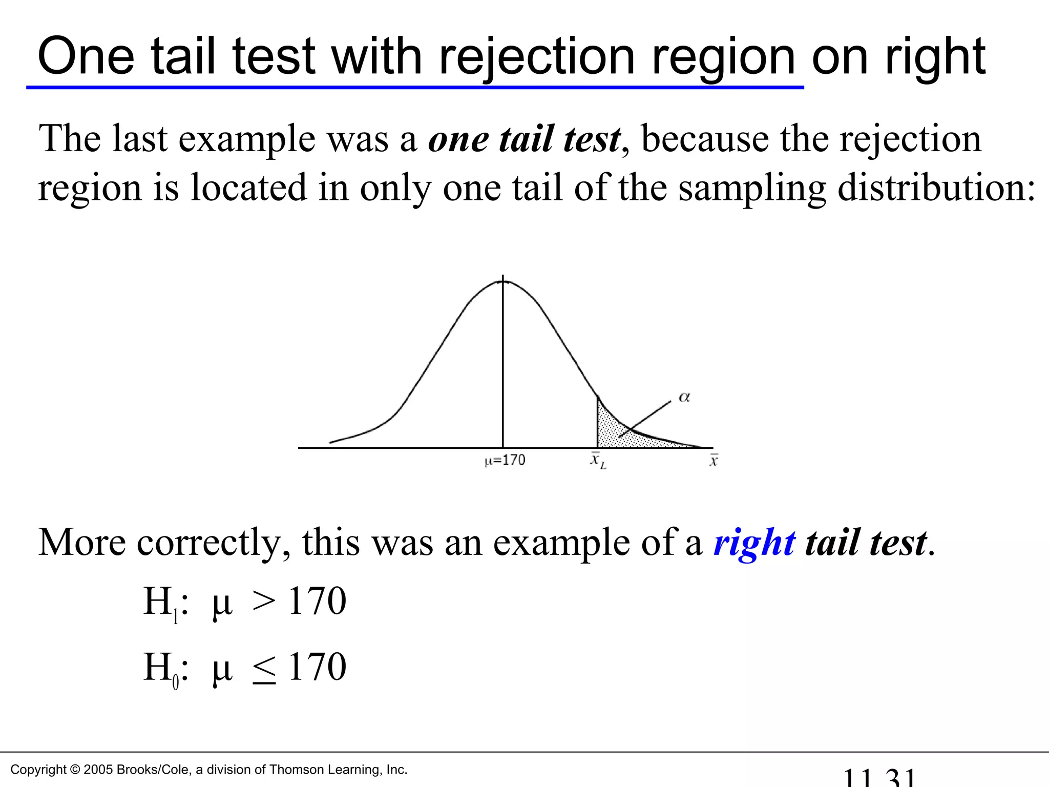 Copyright © 2005 Brooks/Cole, a division of Thomson Learning, Inc.
One tail test with rejection region on right
The last example was a one tail test, because the rejection
region is located in only one tail of the sampling distribution:
More correctly, this was an example of a right tail test.
H1: μ > 170
H0: μ < 170
 