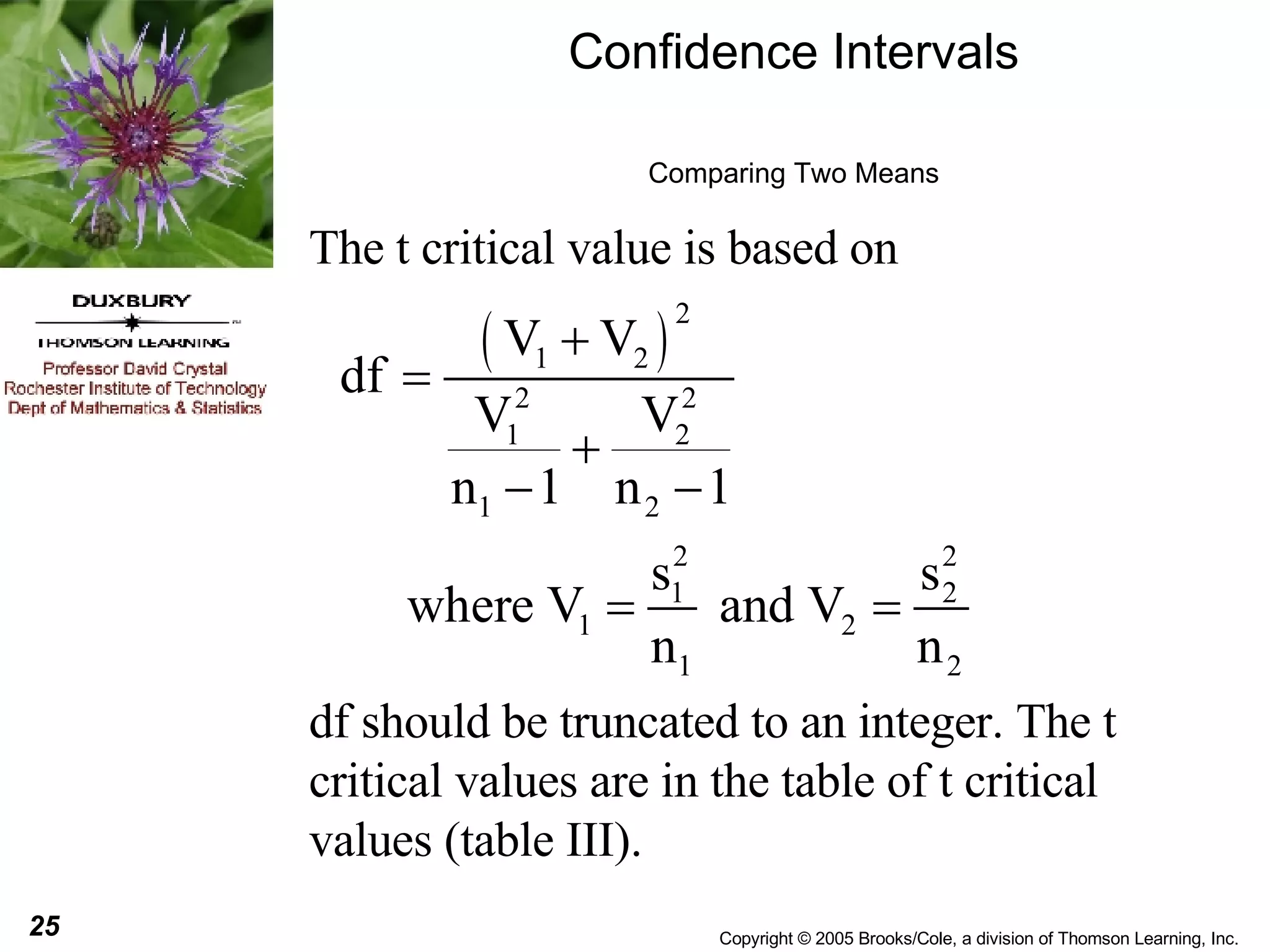 Confidence Intervals Comparing Two Means The t critical value is based on  df should be truncated to an integer. The t critical values are in the table of t critical values (table III). 