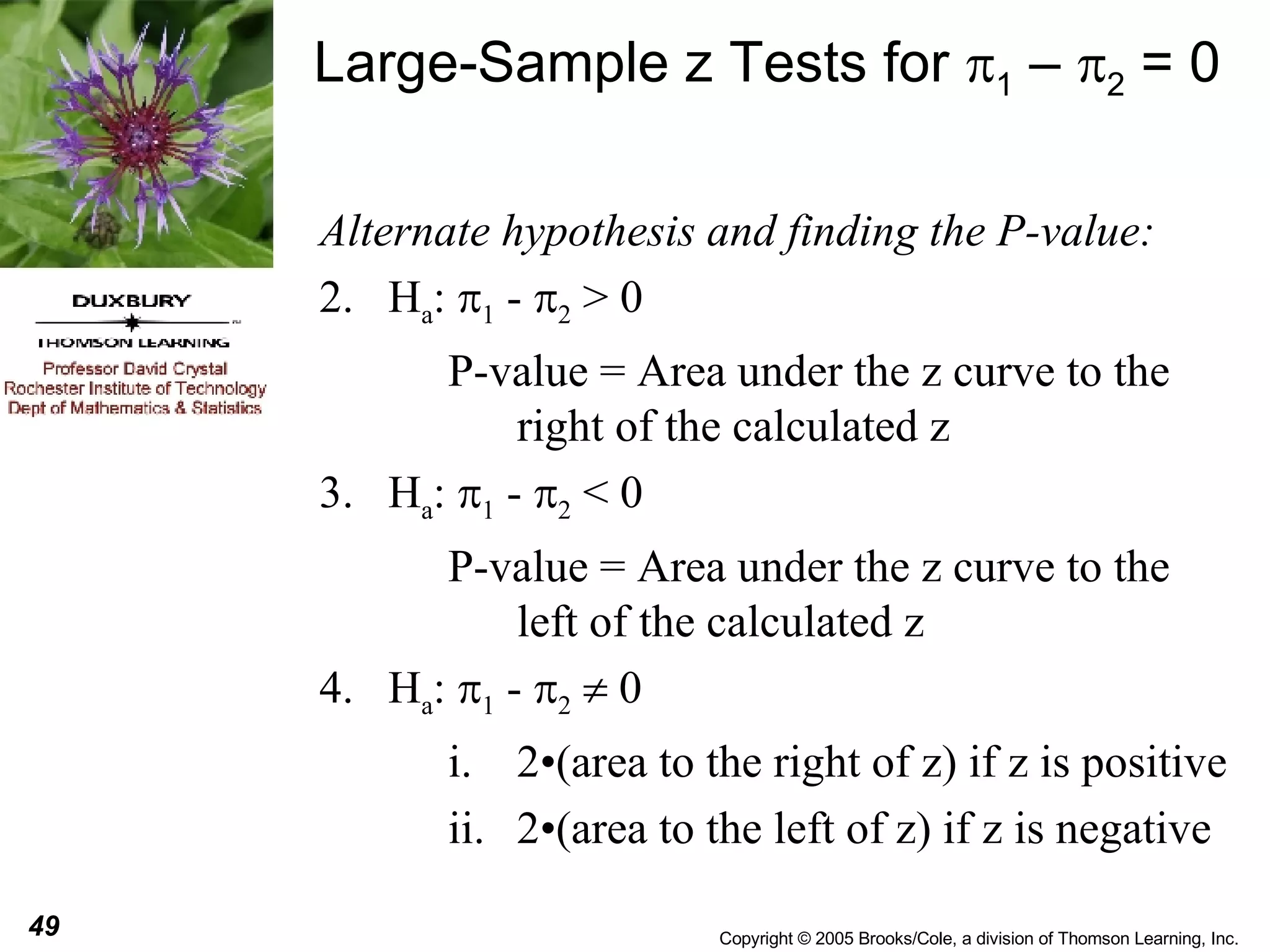 Large-Sample z Tests for   1  –   2  = 0 Alternate hypothesis and finding the P-value: H a :   1  -   2  > 0 P-value = Area under the z curve to the right of the calculated z H a :   1  -   2  < 0 P-value = Area under the z curve to the left of the calculated z H a :   1  -   2     0 2 •(area to the right of z) if z is positive 2•(area to the left of z) if z is negative 