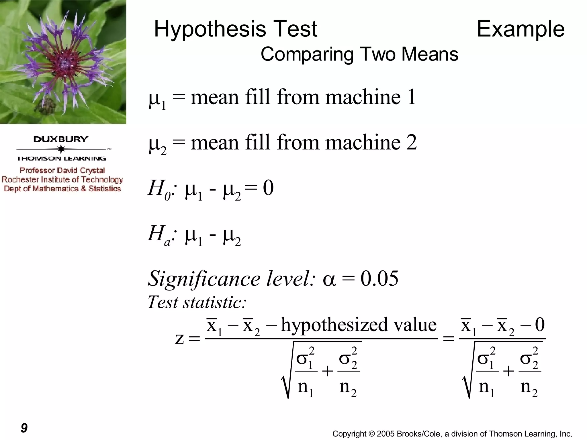 Hypothesis Test  Example Comparing Two Means  1  = mean fill from machine 1  2  = mean fill from machine 2  H 0 :   1  -   2  = 0 H a :   1  -   2 Significance level:    = 0.05 