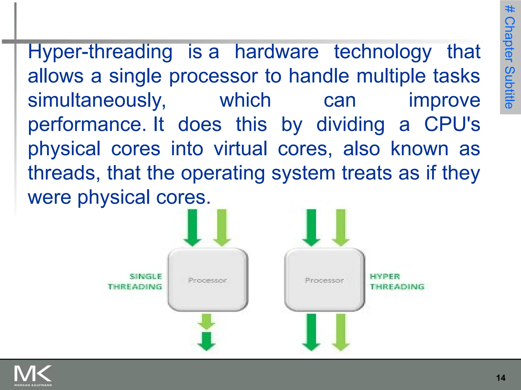 14
#
Chapter
Subtitle
Hyper-threading is a hardware technology that
allows a single processor to handle multiple tasks
simultaneously, which can improve
performance. It does this by dividing a CPU's
physical cores into virtual cores, also known as
threads, that the operating system treats as if they
were physical cores.
 