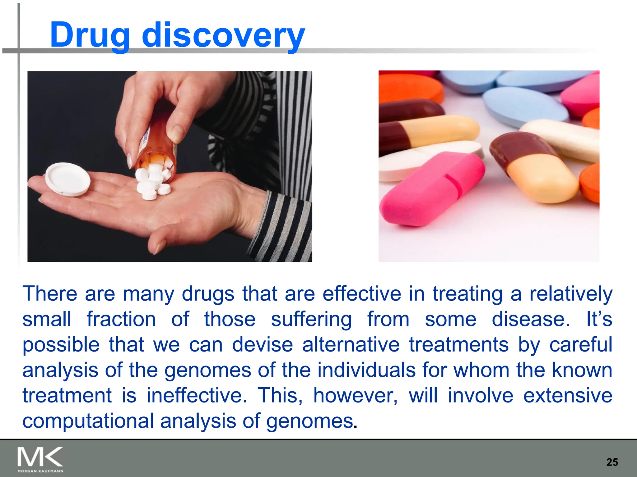 25
Drug discovery
There are many drugs that are effective in treating a relatively
small fraction of those suffering from some disease. It’s
possible that we can devise alternative treatments by careful
analysis of the genomes of the individuals for whom the known
treatment is ineffective. This, however, will involve extensive
computational analysis of genomes.
 
