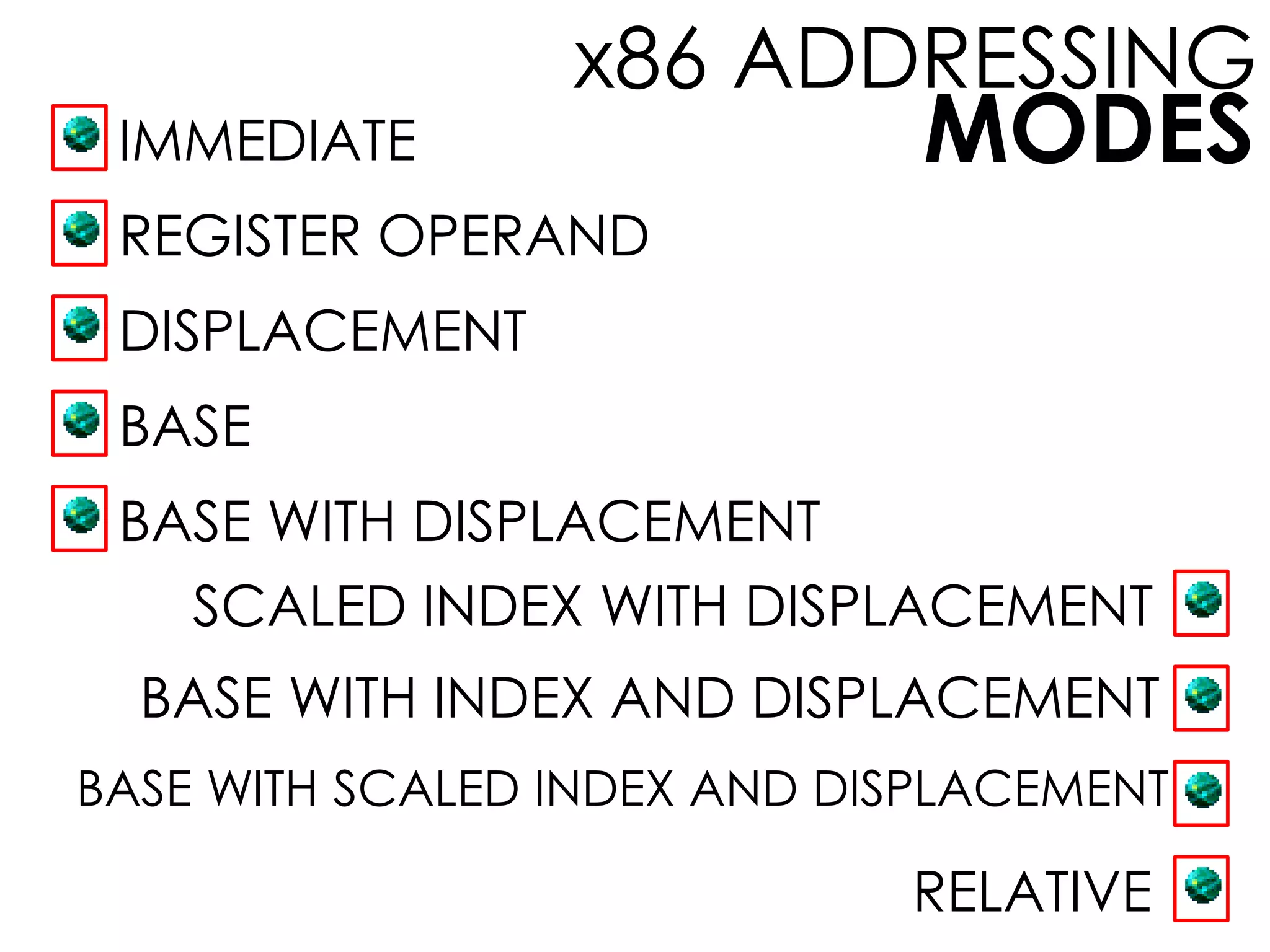 MODES
x86 ADDRESSING
REGISTER OPERAND
DISPLACEMENT
BASE
BASE WITH DISPLACEMENT
SCALED INDEX WITH DISPLACEMENT
BASE WITH INDEX AND DISPLACEMENT
BASE WITH SCALED INDEX AND DISPLACEMENT
IMMEDIATE
RELATIVE
 
