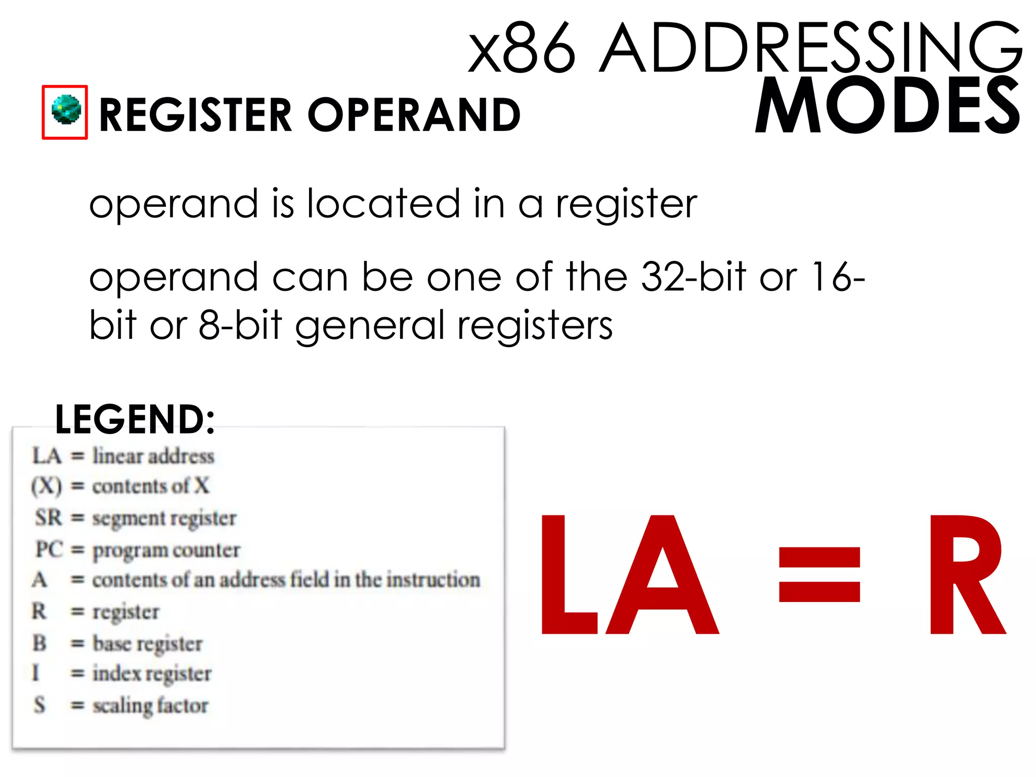 MODES
x86 ADDRESSING
REGISTER OPERAND
operand is located in a register
operand can be one of the 32-bit or 16-
bit or 8-bit general registers
LEGEND:
LA = R
 