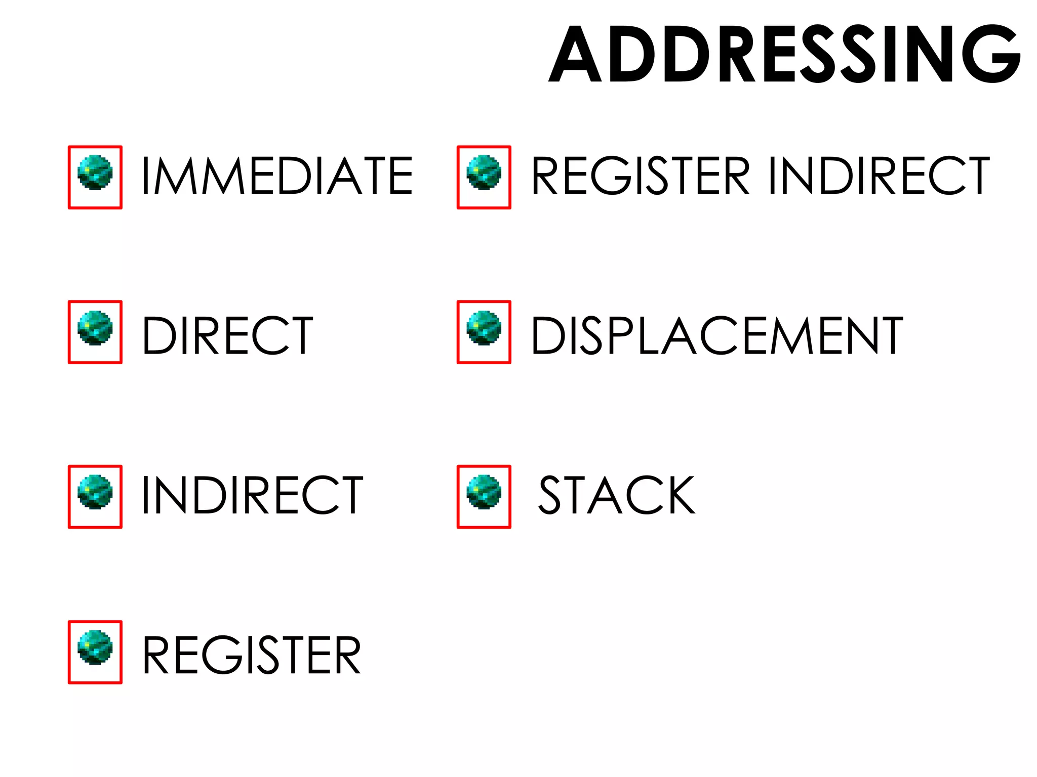 ADDRESSING
IMMEDIATE
DIRECT
INDIRECT
REGISTER
REGISTER INDIRECT
DISPLACEMENT
STACK
 