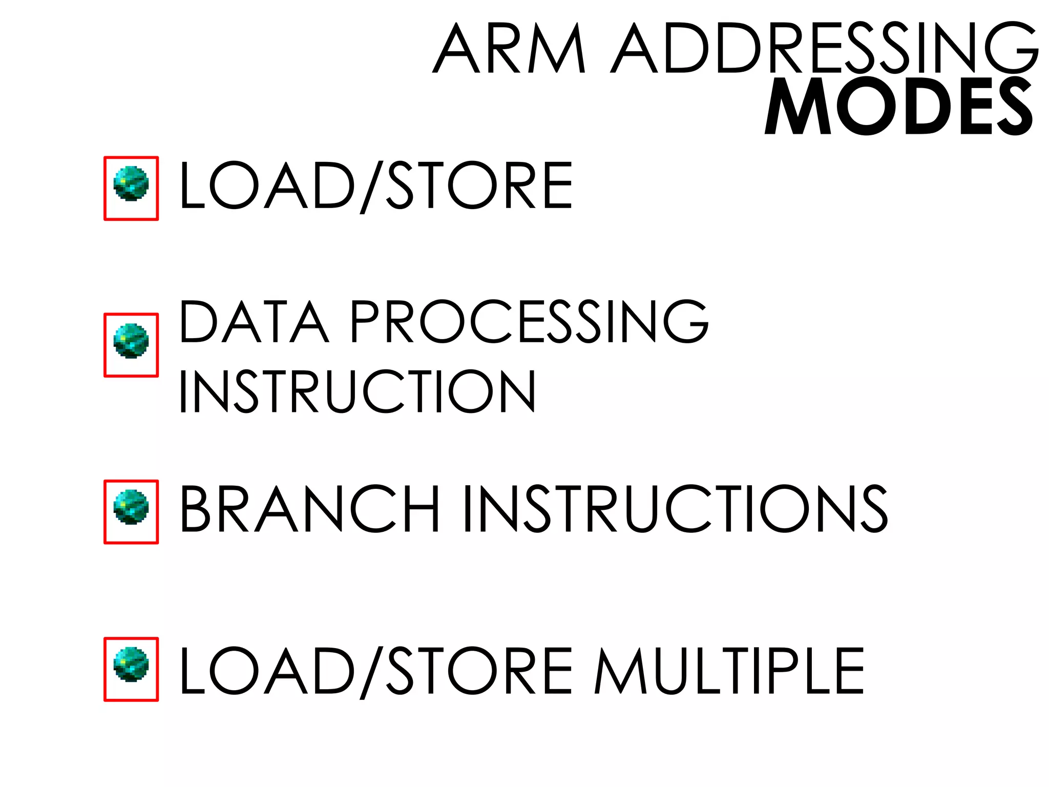 MODES
ARM ADDRESSING
LOAD/STORE
DATA PROCESSING
INSTRUCTION
BRANCH INSTRUCTIONS
LOAD/STORE MULTIPLE
 