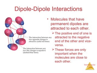 Intermolecular
Forces
Dipole-Dipole Interactions
• Molecules that have
permanent dipoles are
attracted to each other.
The positive end of one is
attracted to the negative
end of the other and vice-
versa.
These forces are only
important when the
molecules are close to
each other.
 