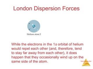 Intermolecular
Forces
London Dispersion Forces
While the electrons in the 1s orbital of helium
would repel each other (and, therefore, tend
to stay far away from each other), it does
happen that they occasionally wind up on the
same side of the atom.
 