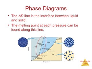 Intermolecular
Forces
Phase Diagrams
• The AD line is the interface between liquid
and solid.
• The melting point at each pressure can be
found along this line.
 