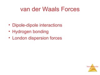Intermolecular
Forces
van der Waals Forces
• Dipole-dipole interactions
• Hydrogen bonding
• London dispersion forces
 
