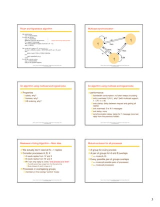 3 
Ricart and Agrawala’s algorithm 
Instructor’s Guide for Coulouris, Dollimore and Kindberg Distributed Systems: Concepts and Design Edn. 4 
© Pearson Education 2005 
On initialization 
state := RELEASED; 
To enter the section 
state := WANTED; 
Multicast request to all processes; request processing deferred here 
T := request’s timestamp; 
Wait until (number of replies received = (N – 1)); 
state := HELD; 
On receipt of a request Ti, pi at pj (i  j) 
if (state = HELD or (state = WANTED and (T, pj)  (Ti, pi))) 
then 
queue request from pi without replying; 
else 
reply immediately to pi; 
end if 
To exit the critical section 
state := RELEASED; 
reply to any queued requests; 
Multicast synchronization 
Instructor’s Guide for Coulouris, Dollimore and Kindberg Distributed Systems: Concepts and Design Edn. 4 
© Pearson Education 2005 
p 
3 
34 
Reply 
34 
41 
41 
41 
34 
p 
1 
p 
2 
Reply 
Reply 
An algorithm using multicast and logical locks 
Instructor’s Guide for Coulouris, Dollimore and Kindberg Distributed Systems: Concepts and Design Edn. 4 
© Pearson Education 2005 
Properties 
safety, why? 
liveness, why? 
HB ordering, why? 
An algorithm using multicast and logical locks 
Instructor’s Guide for Coulouris, Dollimore and Kindberg Distributed Systems: Concepts and Design Edn. 4 
© Pearson Education 2005 
performance: 
bandwidth consumption: no token keeps circulating 
entry overhead: 2(N-1), why? [with multicast support: 
1 + (N -1) = N] 
entry delay: delay between request and getting all 
replies 
exit overhead: 0 to N-1 messages 
exit delay: none 
synchronization delay: delay for 1 message (one last 
reply from the previous holder) 
Maekawa’s Voting Algorithm – Main Idea 
We actually don’t need all N – 1 replies 
Consider processes A, B, X 
A needs replies from “A” and X 
B needs replies from “B” and X 
If X can only reply to (vote) *one process at a time* 
A and B cannot have a reply from X at the same time 
Mutex between A and B--hinges on X 
Processes in overlapping groups 
members in the overlap “control” mutex 
Instructor’s Guide for Coulouris, Dollimore and Kindberg Distributed Systems: Concepts and Design Edn. 4 
© Pearson Education 2005 
Mutual exclusion for all processes 
A group for every process 
A pair of groups for A and B overlaps 
Instructor’s Guide for Coulouris, Dollimore and Kindberg Distributed Systems: Concepts and Design Edn. 4 
© Pearson Education 2005 
= mutex(A, B) 
Every possible pair of groups overlaps 
= mutex(all possible pairs of processes) 
= mutex(all processes) 
 