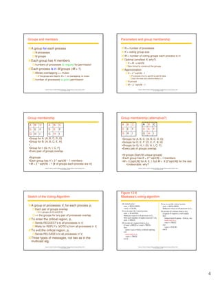 4 
Instructor’s Guide for Coulouris, Dollimore and Kindberg Distributed Systems: Concepts and Design Edn. 4 
© Pearson Education 2005 
Groups and members 
A group for each process 
N processes 
N groups 
Each group has K members 
numbers of processes to request for permission 
Each process is in M groups (M  1) 
Allows overlapping = mutex 
If the groups are disjoint, M = 1, no overlapping, no mutex 
number of processes to grant permission 
Parameters and group membership 
 N = number of processes 
 K = voting group size 
 M = number of voting groups each process is in 
 Optimal (smallest K, why?) 
K = M ~= sqrt(N) 
Non-trivial to construct the groups 
Instructor’s Guide for Coulouris, Dollimore and Kindberg Distributed Systems: Concepts and Design Edn. 4 
© Pearson Education 2005 
 Approximation 
K = 2 * sqrt(N) - 1 
Put process id’s in a sqrt(N) by sqrt(N) table 
Union the rows and columns where pi is 
N groups 
M = 2 * sqrt(N) - 1 
A B C 
D E F 
G H I 
Instructor’s Guide for Coulouris, Dollimore and Kindberg Distributed Systems: Concepts and Design Edn. 4 
© Pearson Education 2005 
Group membership 
A B C 
D E F 
G H I 
•Group for A: {A, B, C, D, G} 
•Group for B: {A, B, C, E, H} 
•… 
•Group for I: {G, H, I, C, F} 
•Every pair of groups overlap 
•N groups 
•Each group has K = 2 * sqrt(N) – 1 members 
• M = 2 * sqrt(N) – 1 [# of groups each process are in] 
Group membership (alternative?) 
A B C 
D E F 
G H I 
Instructor’s Guide for Coulouris, Dollimore and Kindberg Distributed Systems: Concepts and Design Edn. 4 
© Pearson Education 2005 
A B C 
D E F 
G H I 
•Groups for A, B, C: {A, B, C, D, G} 
•Groups for D, E, F: {D, E, F, B, H} 
•Groups for G, H, I: {G, H, I, C, F} 
•Every pair of groups overlap 
•N groups [Sqrt(N) unique groups] 
•Each group has K = 2 * sqrt(N) – 1 members 
•M = 3 [sqrt(N)] for A, E, I, but M = 6 [2*sqrt(N)] for the rest 
•Undesirable, why? 
Sketch of the Voting Algorithm 
A group of processes Vi for each process pi 
Each pair of groups overlap 
X in groups: [A,X] and [B,X] 
= the groups for any pair of processes overlap 
To enter the critical region, pi 
Sends REQUEST’s to all processes in Vi 
Waits for REPLY’s (VOTE’s) from all processes in Vi 
To exit the critical region, pi 
Sends RELEASE’s to all processes in Vi 
Three types of messages, not two as in the 
multicast alg. 
Instructor’s Guide for Coulouris, Dollimore and Kindberg Distributed Systems: Concepts and Design Edn. 4 
© Pearson Education 2005 
Figure 12.6 
Maekawa’s voting algorithm 
On initialization 
state := RELEASED; 
voted := FALSE; 
For pi to enter the critical section 
state := WANTED; 
Multicast request to all processes in Vi; 
Wait until (number of replies received = K); 
state := HELD; 
On receipt of a request from pi at pj 
if (state = HELD or voted = TRUE) 
then 
queue request from pi without replying; 
else 
send reply to pi; 
voted := TRUE; 
end if 
For pi to exit the critical section 
state := RELEASED; 
Multicast release to all processes in Vi; 
On receipt of a release from pi at pj 
if (queue of requests is non-empty) 
then 
remove head of queue – from pk, say; 
send reply to pk; 
voted := TRUE; 
else 
voted := FALSE; 
end if 
Instructor’s Guide for Coulouris, Dollimore and Kindberg Distributed Systems: Concepts and Design Edn. 4 
© Pearson Education 2005 
 