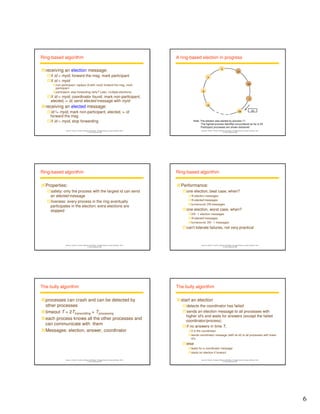 6 
Instructor’s Guide for Coulouris, Dollimore and Kindberg Distributed Systems: Concepts and Design Edn. 4 
© Pearson Education 2005 
Ring-based algorithm 
receiving an election message: 
if id  myid, forward the msg, mark participant 
if id  myid 
non-participant: replace id with myid: forward the msg, mark 
participant 
participant: stop forwarding (why? Later, multiple elections) 
if id = myid, coordinator found, mark non-participant, 
electedi := id, send elected message with myid 
receiving an elected message: 
id != myid, mark non-participant, electedi := id 
forward the msg 
if id = myid, stop forwarding 
A ring-based election in progress 
17 
Instructor’s Guide for Coulouris, Dollimore and Kindberg Distributed Systems: Concepts and Design Edn. 4 
© Pearson Education 2005 
24 
15 
9 
4 
3 
28 
24 
1 
Note: The election was started by process 17. 
The highest process identifier encountered so far is 24. 
Participant processes are shown darkened 
Instructor’s Guide for Coulouris, Dollimore and Kindberg Distributed Systems: Concepts and Design Edn. 4 
© Pearson Education 2005 
Ring-based algorithm 
Properties: 
safety: only the process with the largest id can send 
an elected message 
liveness: every process in the ring eventually 
participates in the election; extra elections are 
stopped 
Instructor’s Guide for Coulouris, Dollimore and Kindberg Distributed Systems: Concepts and Design Edn. 4 
© Pearson Education 2005 
Ring-based algorithm 
Performance: 
one election, best case, when? 
N election messages 
N elected messages 
turnaround: 2N messages 
one election, worst case, when? 
2N - 1 election messages 
N elected messages 
turnaround: 3N - 1 messages 
can't tolerate failures, not very practical 
Instructor’s Guide for Coulouris, Dollimore and Kindberg Distributed Systems: Concepts and Design Edn. 4 
© Pearson Education 2005 
The bully algorithm 
processes can crash and can be detected by 
other processes 
timeout T = 2Ttransmitting + Tprocessing 
each process knows all the other processes and 
can communicate with them 
Messages: election, answer, coordinator 
Instructor’s Guide for Coulouris, Dollimore and Kindberg Distributed Systems: Concepts and Design Edn. 4 
© Pearson Education 2005 
The bully algorithm 
start an election 
detects the coordinator has failed 
sends an election message to all processes with 
higher id's and waits for answers (except the failed 
coordinator/process) 
if no answers in time T, 
it is the coordinator 
sends coordinator message (with its id) to all processes with lower 
id's 
else 
waits for a coordinator message 
starts an election if timeout 
 