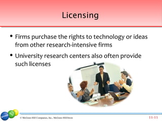 Licensing

   Firms purchase the rights to technology or ideas
    from other research-intensive firms
   University research centers also often provide
    such licenses




     © McGraw-Hill Companies, Inc., McGraw-Hill/Irwin   11-11
 