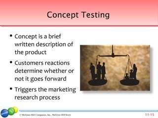 Concept Testing

   Concept is a brief
    written description of
    the product
   Customers reactions
    determine whether or
    not it goes forward
   Triggers the marketing
    research process

     © McGraw-Hill Companies, Inc., McGraw-Hill/Irwin Companies, Inc., McGraw-Hill/Irwin
                                      © 2007 McGraw-Hill                                   11-15
 