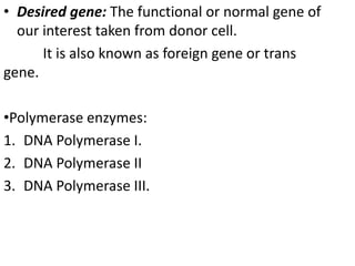 • Desired gene: The functional or normal gene of 
our interest taken from donor cell. 
It is also known as foreign gene or trans 
gene. 
•Polymerase enzymes: 
1. DNA Polymerase I. 
2. DNA Polymerase II 
3. DNA Polymerase III. 
 