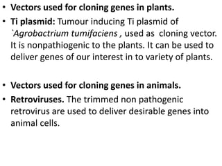 • Vectors used for cloning genes in plants. 
• Ti plasmid: Tumour inducing Ti plasmid of 
`Agrobactrium tumifaciens , used as cloning vector. 
It is nonpathiogenic to the plants. It can be used to 
deliver genes of our interest in to variety of plants. 
• Vectors used for cloning genes in animals. 
• Retroviruses. The trimmed non pathogenic 
retrovirus are used to deliver desirable genes into 
animal cells. 
