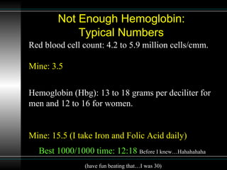 Not Enough Hemoglobin:  Typical Numbers   Red blood cell count: 4.2 to 5.9 million cells/cmm. Mine: 3.5  Hemoglobin (Hbg): 13 to 18 grams per deciliter for men and 12 to 16 for women.  Mine: 15.5 (I take Iron and Folic Acid daily)   Best 1000/1000 time: 12:18  Before I knew…Hahahahaha  (have fun beating that…I was 30)  