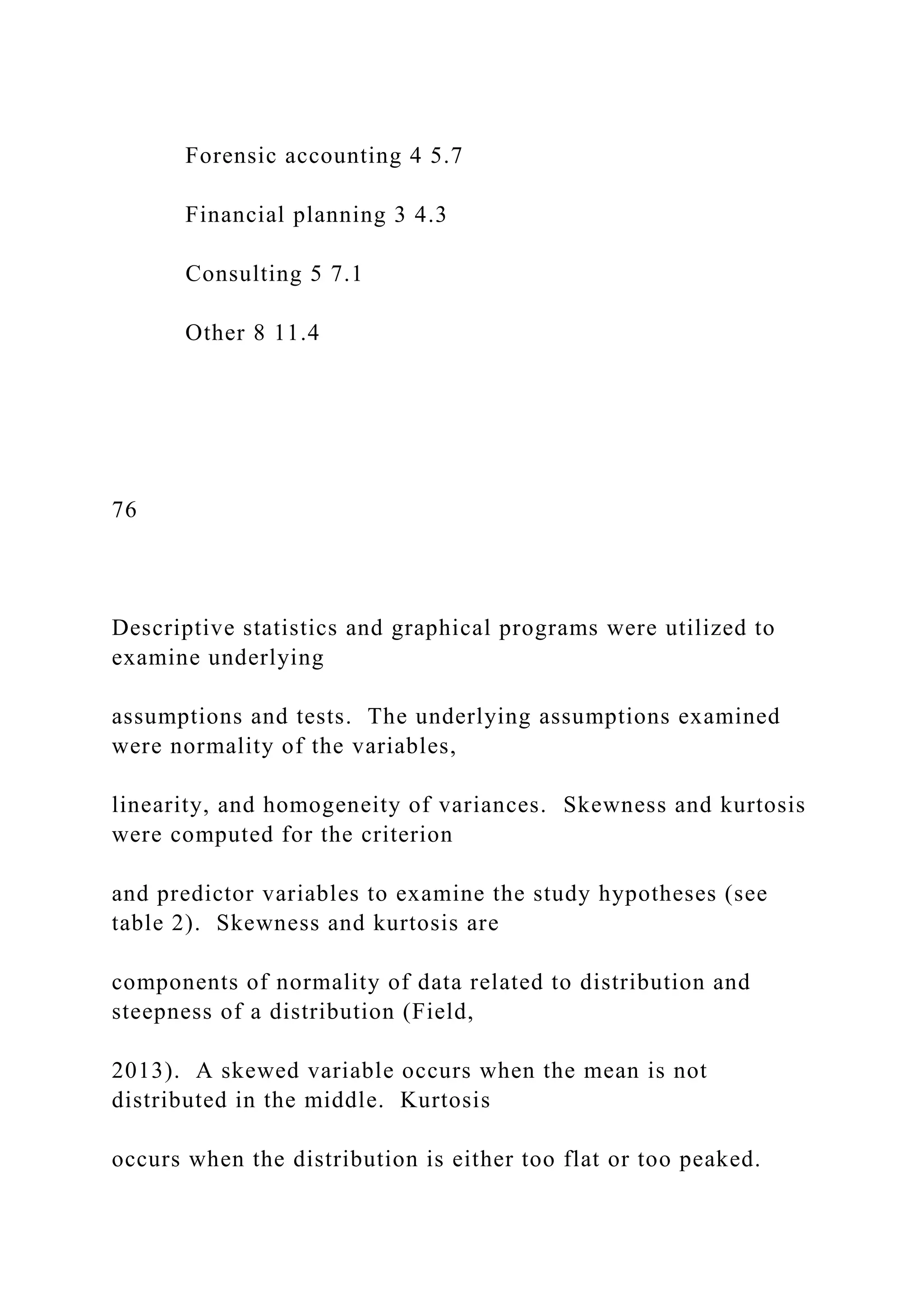 Forensic accounting 4 5.7
Financial planning 3 4.3
Consulting 5 7.1
Other 8 11.4
76
Descriptive statistics and graphical programs were utilized to
examine underlying
assumptions and tests. The underlying assumptions examined
were normality of the variables,
linearity, and homogeneity of variances. Skewness and kurtosis
were computed for the criterion
and predictor variables to examine the study hypotheses (see
table 2). Skewness and kurtosis are
components of normality of data related to distribution and
steepness of a distribution (Field,
2013). A skewed variable occurs when the mean is not
distributed in the middle. Kurtosis
occurs when the distribution is either too flat or too peaked.
 