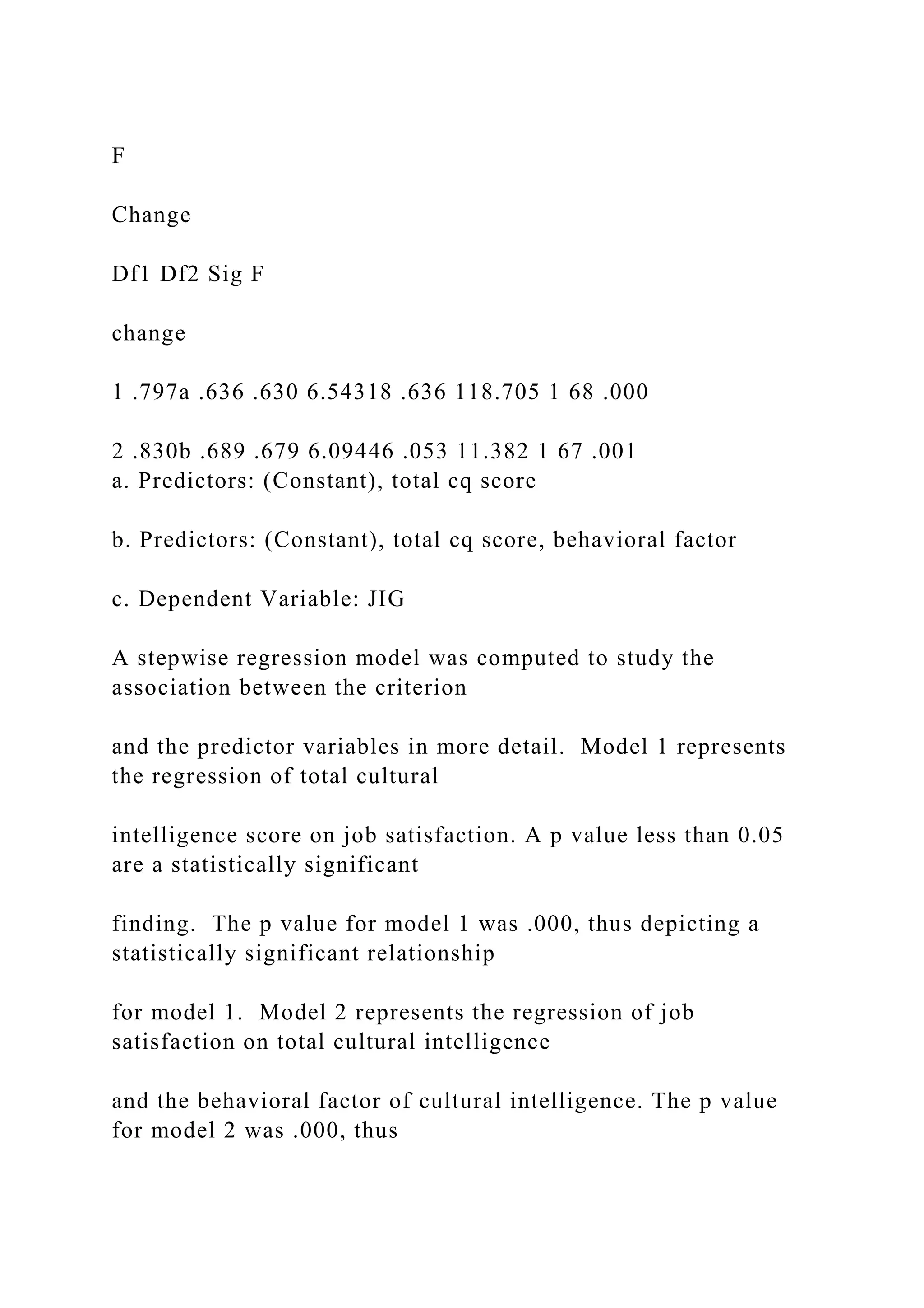 F
Change
Df1 Df2 Sig F
change
1 .797a .636 .630 6.54318 .636 118.705 1 68 .000
2 .830b .689 .679 6.09446 .053 11.382 1 67 .001
a. Predictors: (Constant), total cq score
b. Predictors: (Constant), total cq score, behavioral factor
c. Dependent Variable: JIG
A stepwise regression model was computed to study the
association between the criterion
and the predictor variables in more detail. Model 1 represents
the regression of total cultural
intelligence score on job satisfaction. A p value less than 0.05
are a statistically significant
finding. The p value for model 1 was .000, thus depicting a
statistically significant relationship
for model 1. Model 2 represents the regression of job
satisfaction on total cultural intelligence
and the behavioral factor of cultural intelligence. The p value
for model 2 was .000, thus
 