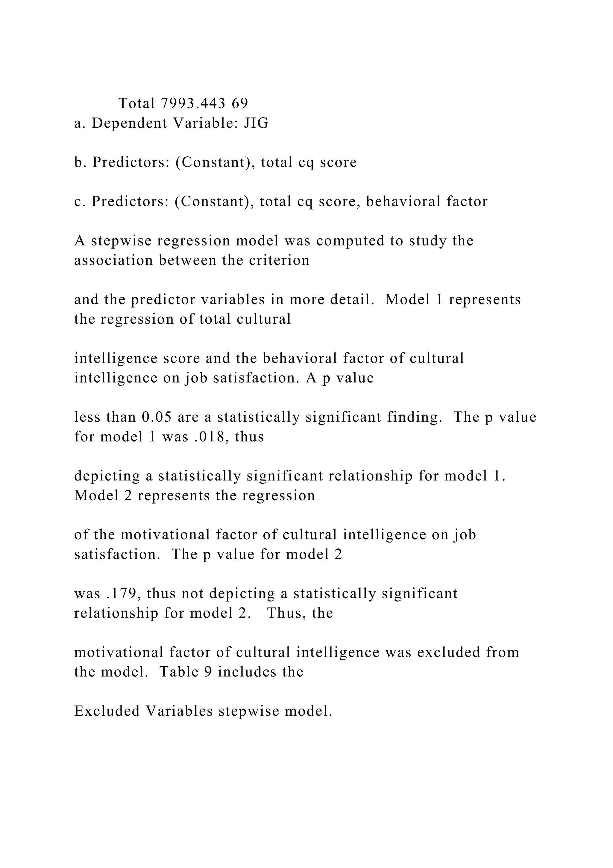 Total 7993.443 69
a. Dependent Variable: JIG
b. Predictors: (Constant), total cq score
c. Predictors: (Constant), total cq score, behavioral factor
A stepwise regression model was computed to study the
association between the criterion
and the predictor variables in more detail. Model 1 represents
the regression of total cultural
intelligence score and the behavioral factor of cultural
intelligence on job satisfaction. A p value
less than 0.05 are a statistically significant finding. The p value
for model 1 was .018, thus
depicting a statistically significant relationship for model 1.
Model 2 represents the regression
of the motivational factor of cultural intelligence on job
satisfaction. The p value for model 2
was .179, thus not depicting a statistically significant
relationship for model 2. Thus, the
motivational factor of cultural intelligence was excluded from
the model. Table 9 includes the
Excluded Variables stepwise model.
 