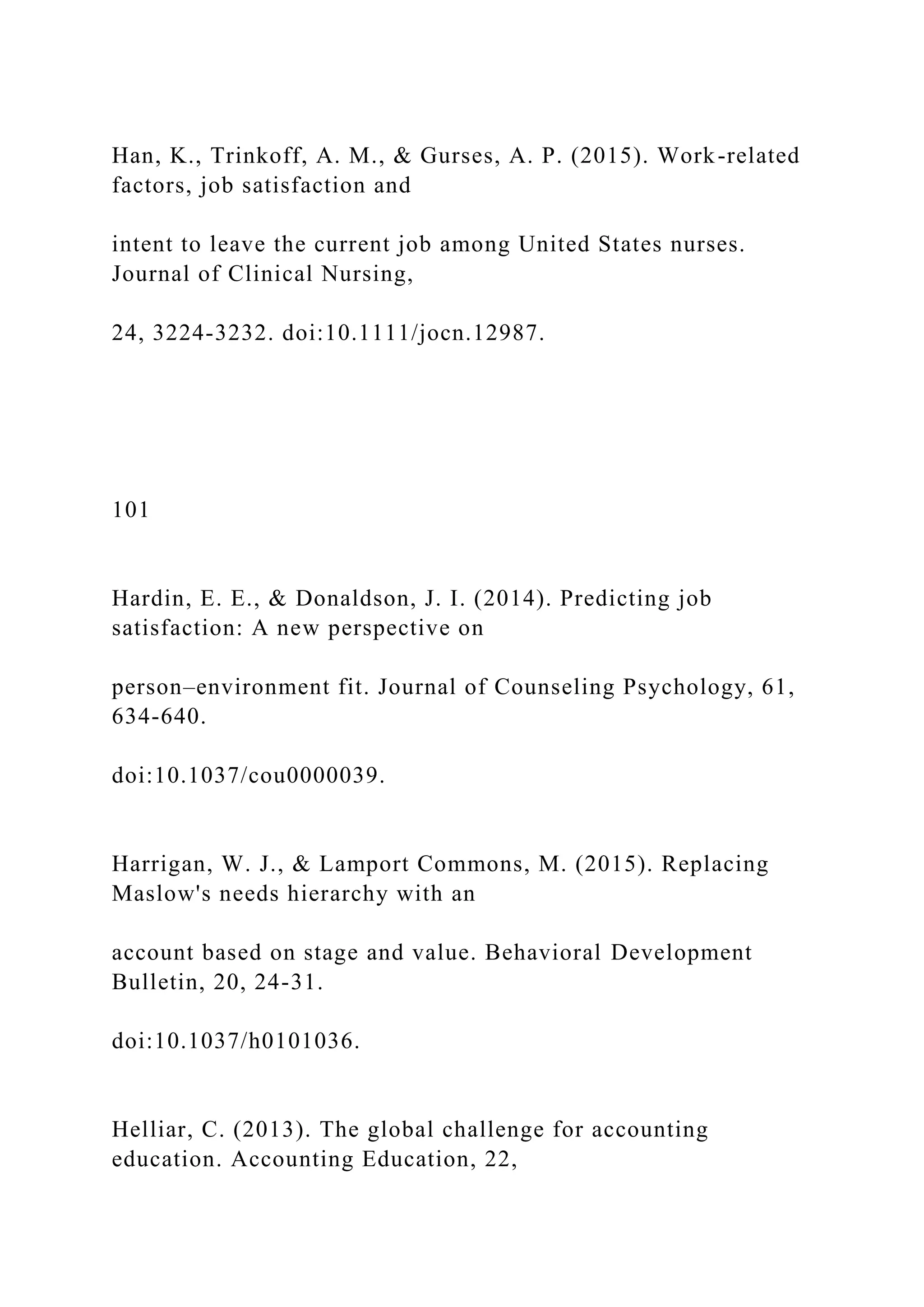 Han, K., Trinkoff, A. M., & Gurses, A. P. (2015). Work-related
factors, job satisfaction and
intent to leave the current job among United States nurses.
Journal of Clinical Nursing,
24, 3224-3232. doi:10.1111/jocn.12987.
101
Hardin, E. E., & Donaldson, J. I. (2014). Predicting job
satisfaction: A new perspective on
person–environment fit. Journal of Counseling Psychology, 61,
634-640.
doi:10.1037/cou0000039.
Harrigan, W. J., & Lamport Commons, M. (2015). Replacing
Maslow's needs hierarchy with an
account based on stage and value. Behavioral Development
Bulletin, 20, 24-31.
doi:10.1037/h0101036.
Helliar, C. (2013). The global challenge for accounting
education. Accounting Education, 22,
 