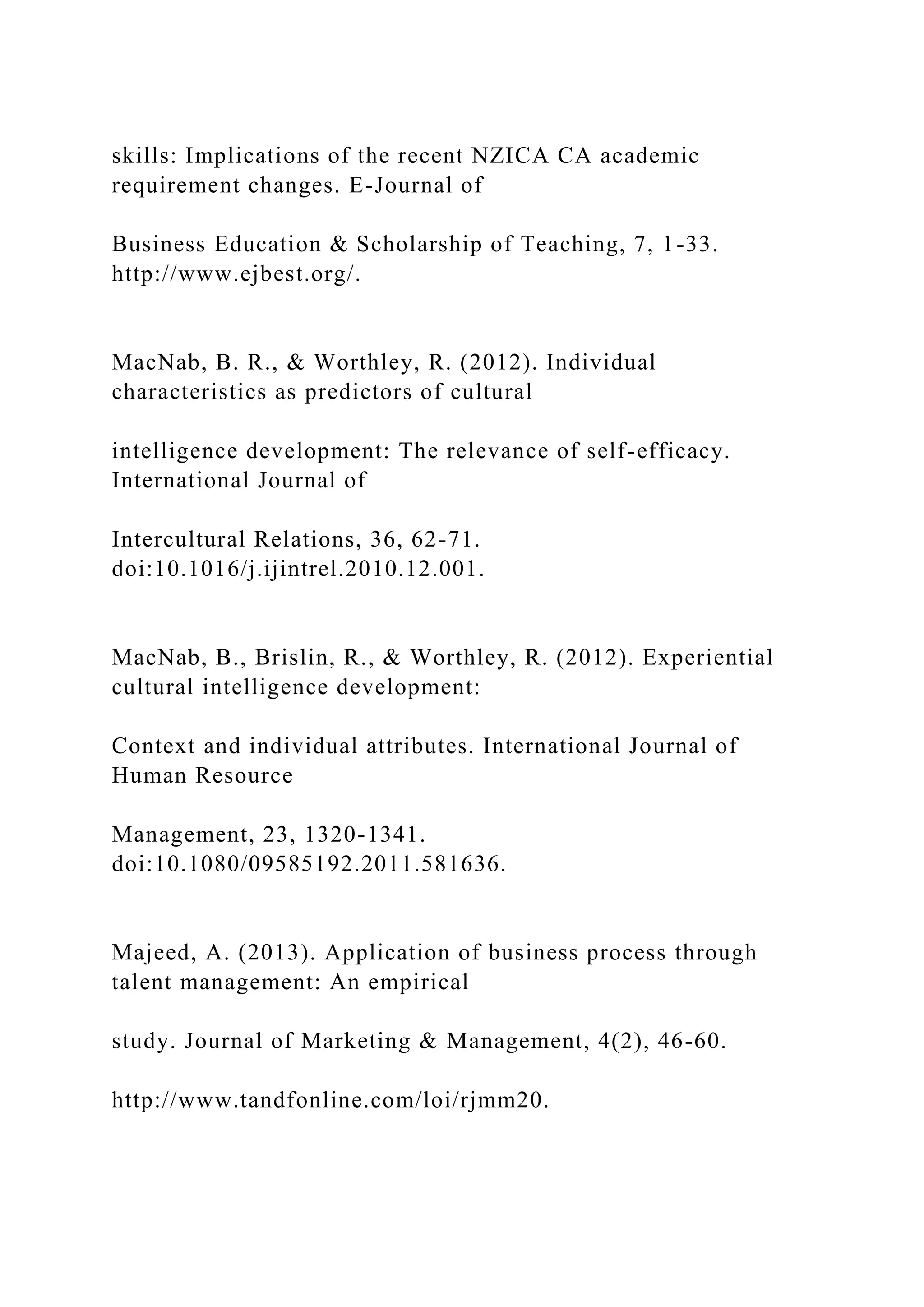 skills: Implications of the recent NZICA CA academic
requirement changes. E-Journal of
Business Education & Scholarship of Teaching, 7, 1-33.
http://www.ejbest.org/.
MacNab, B. R., & Worthley, R. (2012). Individual
characteristics as predictors of cultural
intelligence development: The relevance of self-efficacy.
International Journal of
Intercultural Relations, 36, 62-71.
doi:10.1016/j.ijintrel.2010.12.001.
MacNab, B., Brislin, R., & Worthley, R. (2012). Experiential
cultural intelligence development:
Context and individual attributes. International Journal of
Human Resource
Management, 23, 1320-1341.
doi:10.1080/09585192.2011.581636.
Majeed, A. (2013). Application of business process through
talent management: An empirical
study. Journal of Marketing & Management, 4(2), 46-60.
http://www.tandfonline.com/loi/rjmm20.
 