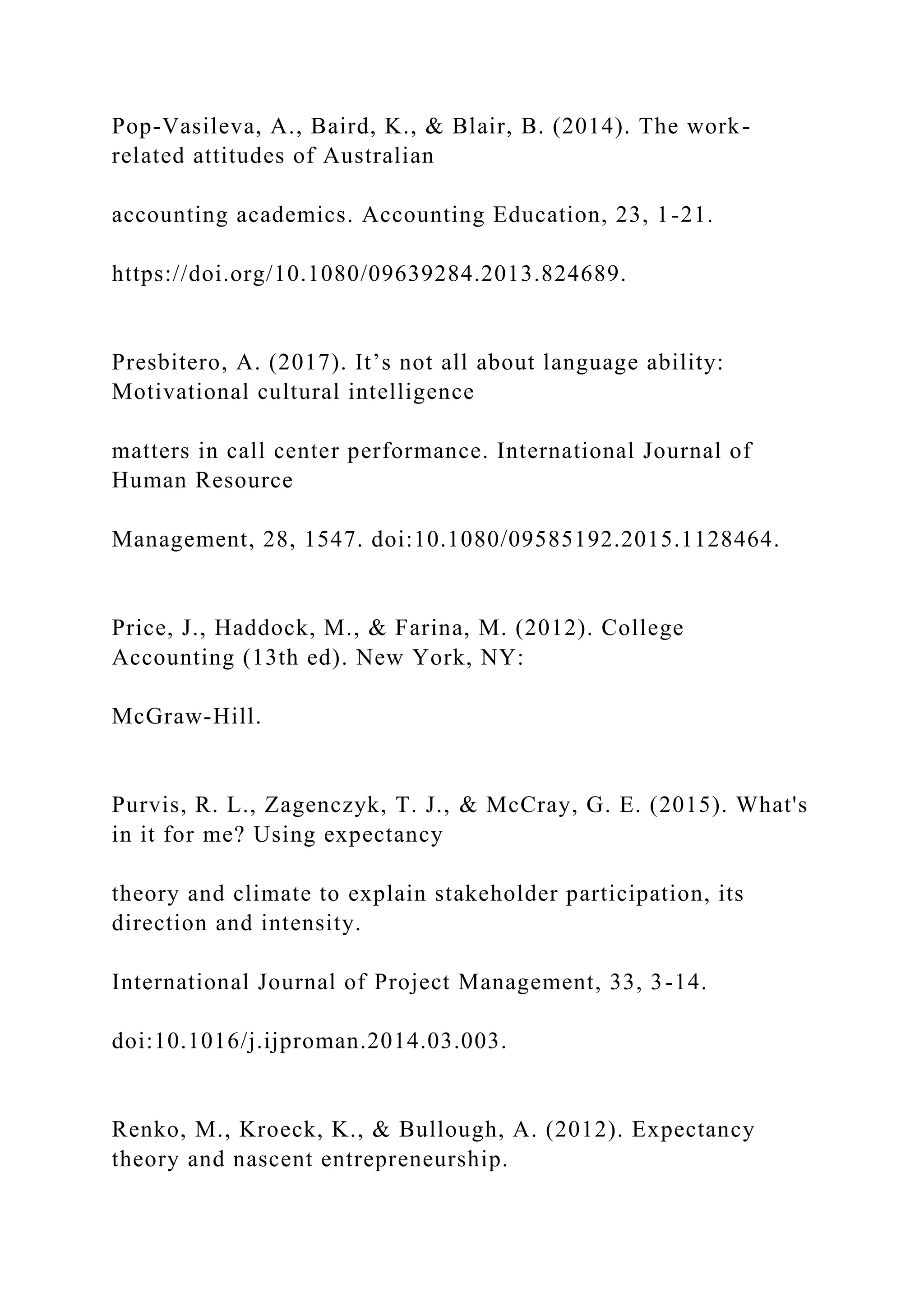 Pop-Vasileva, A., Baird, K., & Blair, B. (2014). The work-
related attitudes of Australian
accounting academics. Accounting Education, 23, 1-21.
https://doi.org/10.1080/09639284.2013.824689.
Presbitero, A. (2017). It’s not all about language ability:
Motivational cultural intelligence
matters in call center performance. International Journal of
Human Resource
Management, 28, 1547. doi:10.1080/09585192.2015.1128464.
Price, J., Haddock, M., & Farina, M. (2012). College
Accounting (13th ed). New York, NY:
McGraw-Hill.
Purvis, R. L., Zagenczyk, T. J., & McCray, G. E. (2015). What's
in it for me? Using expectancy
theory and climate to explain stakeholder participation, its
direction and intensity.
International Journal of Project Management, 33, 3-14.
doi:10.1016/j.ijproman.2014.03.003.
Renko, M., Kroeck, K., & Bullough, A. (2012). Expectancy
theory and nascent entrepreneurship.
 