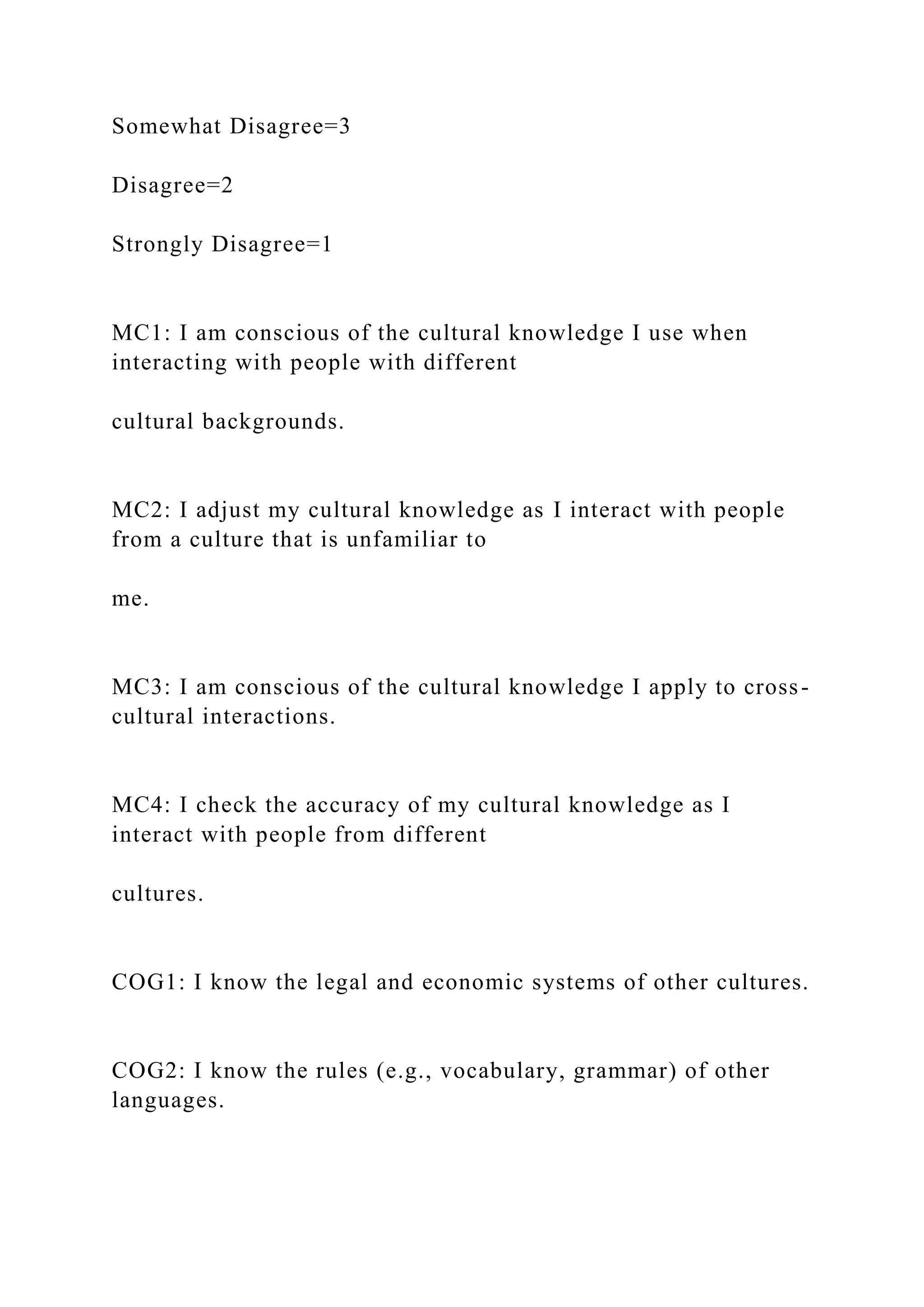 Somewhat Disagree=3
Disagree=2
Strongly Disagree=1
MC1: I am conscious of the cultural knowledge I use when
interacting with people with different
cultural backgrounds.
MC2: I adjust my cultural knowledge as I interact with people
from a culture that is unfamiliar to
me.
MC3: I am conscious of the cultural knowledge I apply to cross-
cultural interactions.
MC4: I check the accuracy of my cultural knowledge as I
interact with people from different
cultures.
COG1: I know the legal and economic systems of other cultures.
COG2: I know the rules (e.g., vocabulary, grammar) of other
languages.
 