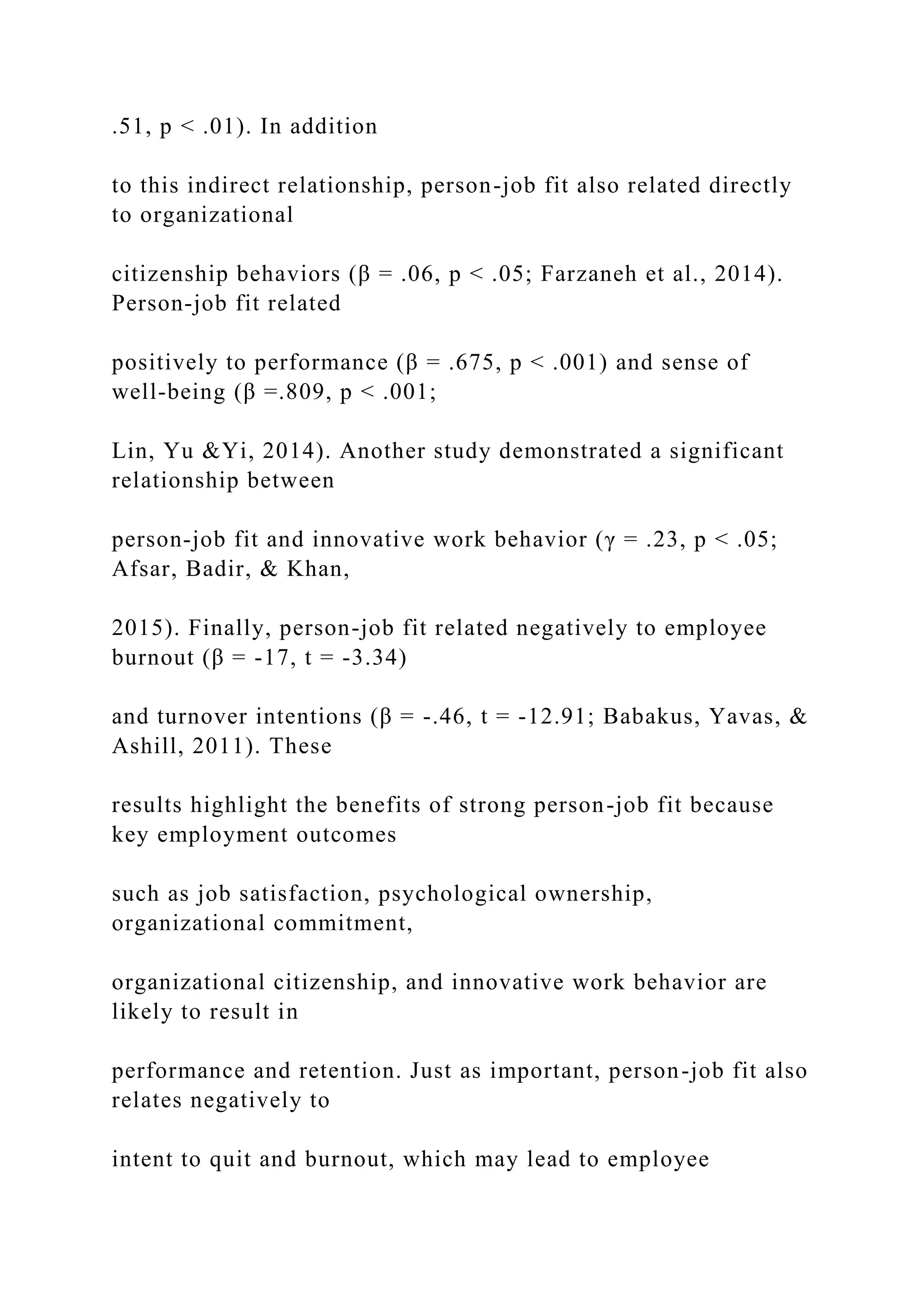 .51, p < .01). In addition
to this indirect relationship, person-job fit also related directly
to organizational
citizenship behaviors (β = .06, p < .05; Farzaneh et al., 2014).
Person-job fit related
positively to performance (β = .675, p < .001) and sense of
well-being (β =.809, p < .001;
Lin, Yu &Yi, 2014). Another study demonstrated a significant
relationship between
person-job fit and innovative work behavior (γ = .23, p < .05;
Afsar, Badir, & Khan,
2015). Finally, person-job fit related negatively to employee
burnout (β = -17, t = -3.34)
and turnover intentions (β = -.46, t = -12.91; Babakus, Yavas, &
Ashill, 2011). These
results highlight the benefits of strong person-job fit because
key employment outcomes
such as job satisfaction, psychological ownership,
organizational commitment,
organizational citizenship, and innovative work behavior are
likely to result in
performance and retention. Just as important, person-job fit also
relates negatively to
intent to quit and burnout, which may lead to employee
 