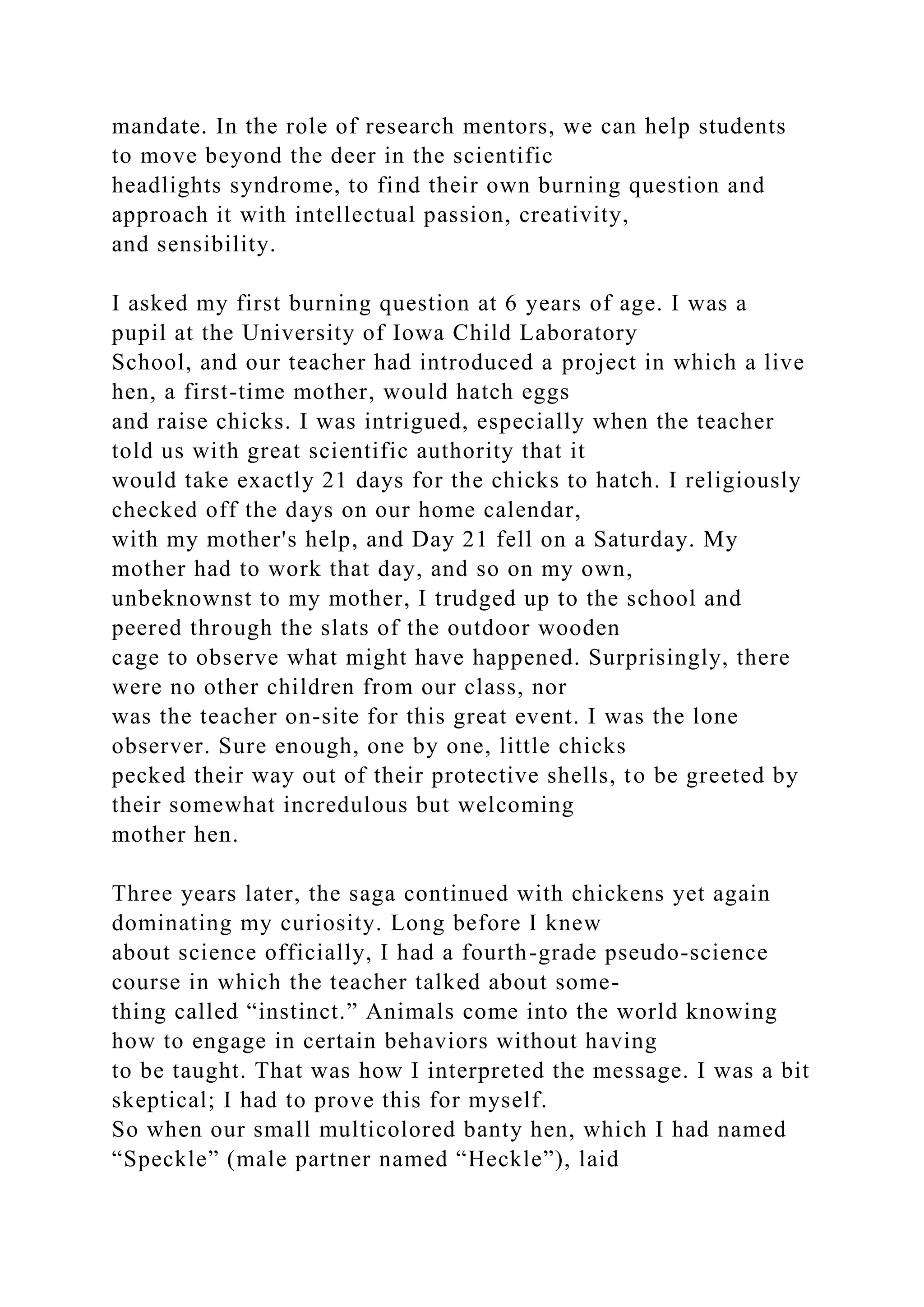mandate. In the role of research mentors, we can help students
to move beyond the deer in the scientific
headlights syndrome, to find their own burning question and
approach it with intellectual passion, creativity,
and sensibility.
I asked my first burning question at 6 years of age. I was a
pupil at the University of Iowa Child Laboratory
School, and our teacher had introduced a project in which a live
hen, a first-time mother, would hatch eggs
and raise chicks. I was intrigued, especially when the teacher
told us with great scientific authority that it
would take exactly 21 days for the chicks to hatch. I religiously
checked off the days on our home calendar,
with my mother's help, and Day 21 fell on a Saturday. My
mother had to work that day, and so on my own,
unbeknownst to my mother, I trudged up to the school and
peered through the slats of the outdoor wooden
cage to observe what might have happened. Surprisingly, there
were no other children from our class, nor
was the teacher on-site for this great event. I was the lone
observer. Sure enough, one by one, little chicks
pecked their way out of their protective shells, to be greeted by
their somewhat incredulous but welcoming
mother hen.
Three years later, the saga continued with chickens yet again
dominating my curiosity. Long before I knew
about science officially, I had a fourth-grade pseudo-science
course in which the teacher talked about some-
thing called “instinct.” Animals come into the world knowing
how to engage in certain behaviors without having
to be taught. That was how I interpreted the message. I was a bit
skeptical; I had to prove this for myself.
So when our small multicolored banty hen, which I had named
“Speckle” (male partner named “Heckle”), laid
 