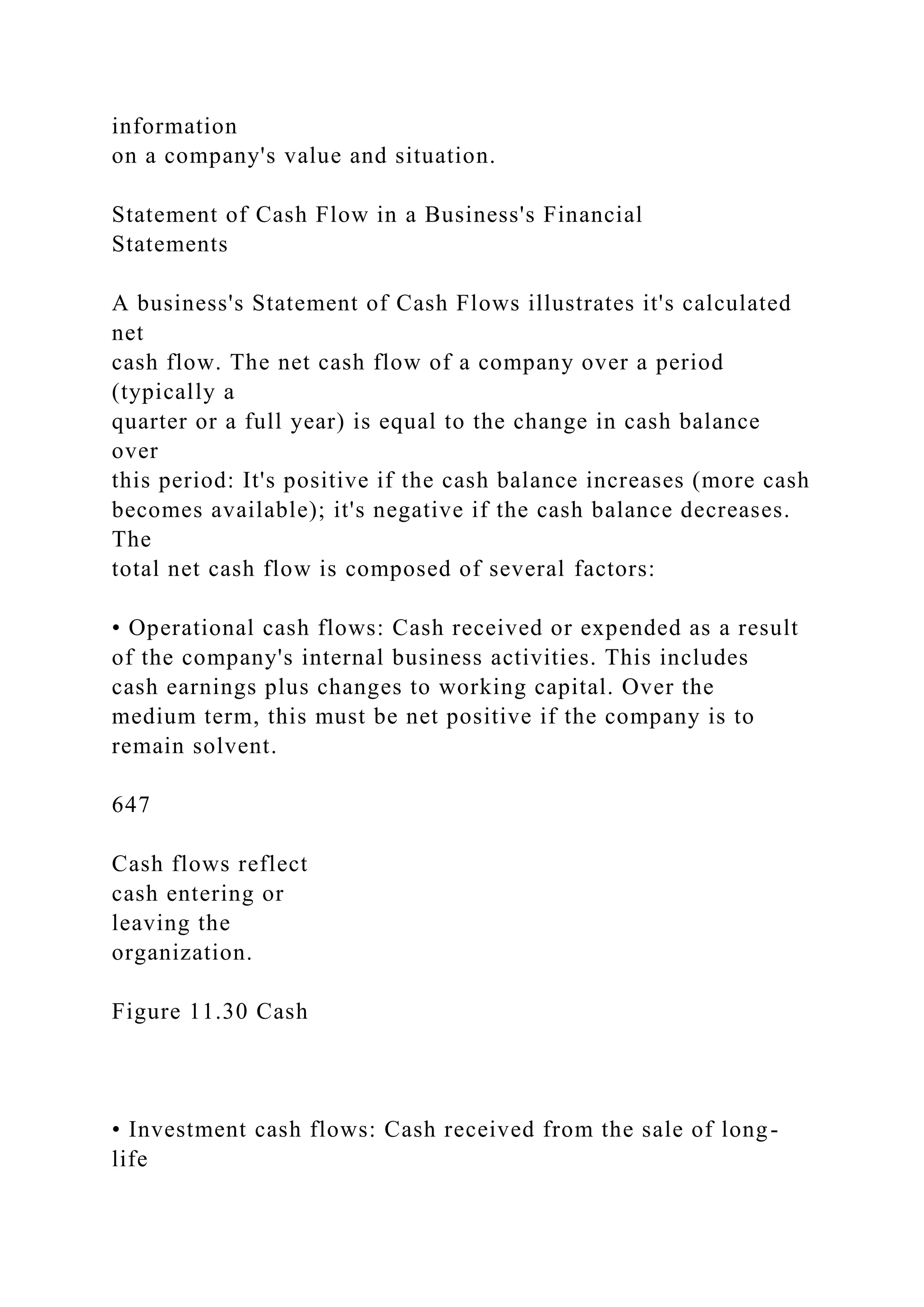 information
on a company's value and situation.
Statement of Cash Flow in a Business's Financial
Statements
A business's Statement of Cash Flows illustrates it's calculated
net
cash flow. The net cash flow of a company over a period
(typically a
quarter or a full year) is equal to the change in cash balance
over
this period: It's positive if the cash balance increases (more cash
becomes available); it's negative if the cash balance decreases.
The
total net cash flow is composed of several factors:
• Operational cash flows: Cash received or expended as a result
of the company's internal business activities. This includes
cash earnings plus changes to working capital. Over the
medium term, this must be net positive if the company is to
remain solvent.
647
Cash flows reflect
cash entering or
leaving the
organization.
Figure 11.30 Cash
• Investment cash flows: Cash received from the sale of long-
life
 