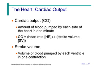 The Heart: Cardiac Output
The Heart: Cardiac Output
 Cardiac output (CO)
Amount of blood pumped by each side of
the heart in one minute
CO = (heart rate [HR]) x (stroke volume
Slide 11.22
Copyright © 2003 Pearson Education, Inc. publishing as Benjamin Cummings
CO = (heart rate [HR]) x (stroke volume
[SV])
 Stroke volume
Volume of blood pumped by each ventricle
in one contraction
 
