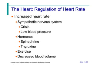 The Heart: Regulation of Heart Rate
The Heart: Regulation of Heart Rate
 Increased heart rate
Sympathetic nervous system
Crisis
Low blood pressure
Slide 11.25
Copyright © 2003 Pearson Education, Inc. publishing as Benjamin Cummings
Hormones
Epinephrine
Thyroxine
Exercise
Decreased blood volume
 