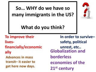 So… WHY do we have so
many immigrants in the US?
What do you think?
To improve their
lives-
financially/economic
ally
In order to survive–
safety, political
unrest, etc..
Advances in mass
transit– it easier to
get here now days.
Globalization and
borderless
economies of the
21st century
 