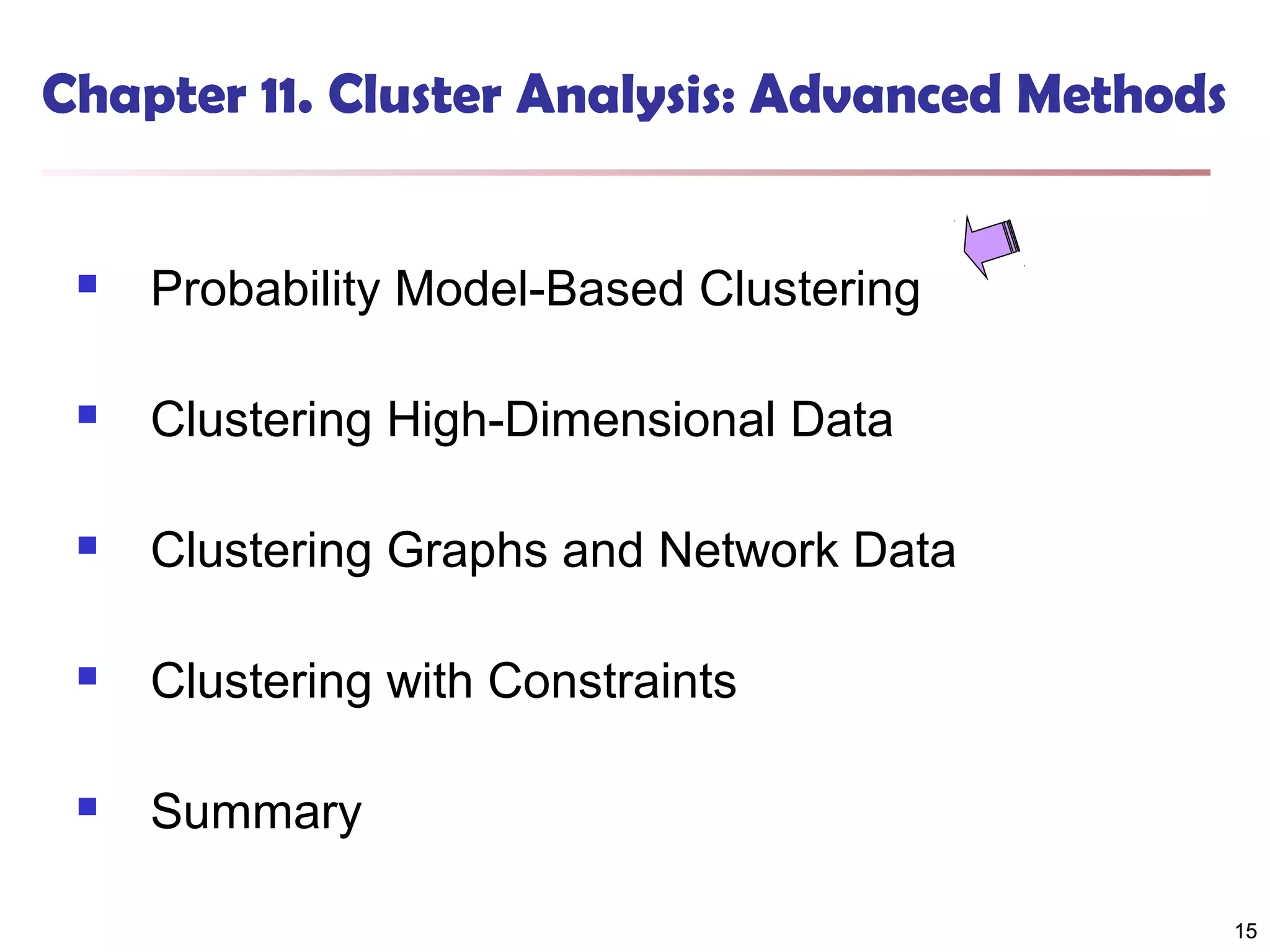 Chapter 11. Cluster Analysis: Advanced Methods



Probability Model-Based Clustering



Clustering High-Dimensional Data



Clustering Graphs and Network Data



Clustering with Constraints



Summary
15

 