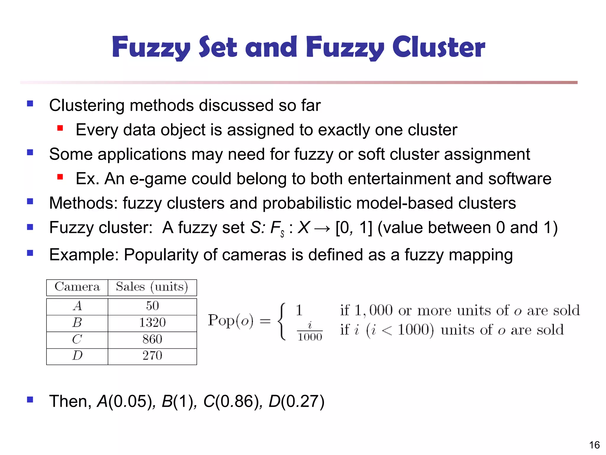 Fuzzy Set and Fuzzy Cluster







Clustering methods discussed so far
 Every data object is assigned to exactly one cluster
Some applications may need for fuzzy or soft cluster assignment
 Ex. An e-game could belong to both entertainment and software
Methods: fuzzy clusters and probabilistic model-based clusters
Fuzzy cluster: A fuzzy set S: FS : X → [0, 1] (value between 0 and 1)



Example: Popularity of cameras is defined as a fuzzy mapping



Then, A(0.05), B(1), C(0.86), D(0.27)
16

 